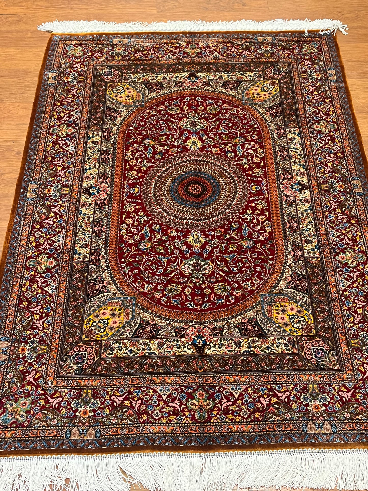 3x5 ft Red Bamboo Silk Rug – Ornate Floral Medallion Design, Luxury Silk Rug, Elegant Classic Accent Rug for Living Room & Bedroom