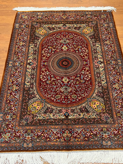 3x5 ft Red Bamboo Silk Rug – Ornate Floral Medallion Design, Luxury Silk Rug, Elegant Classic Accent Rug for Living Room & Bedroom