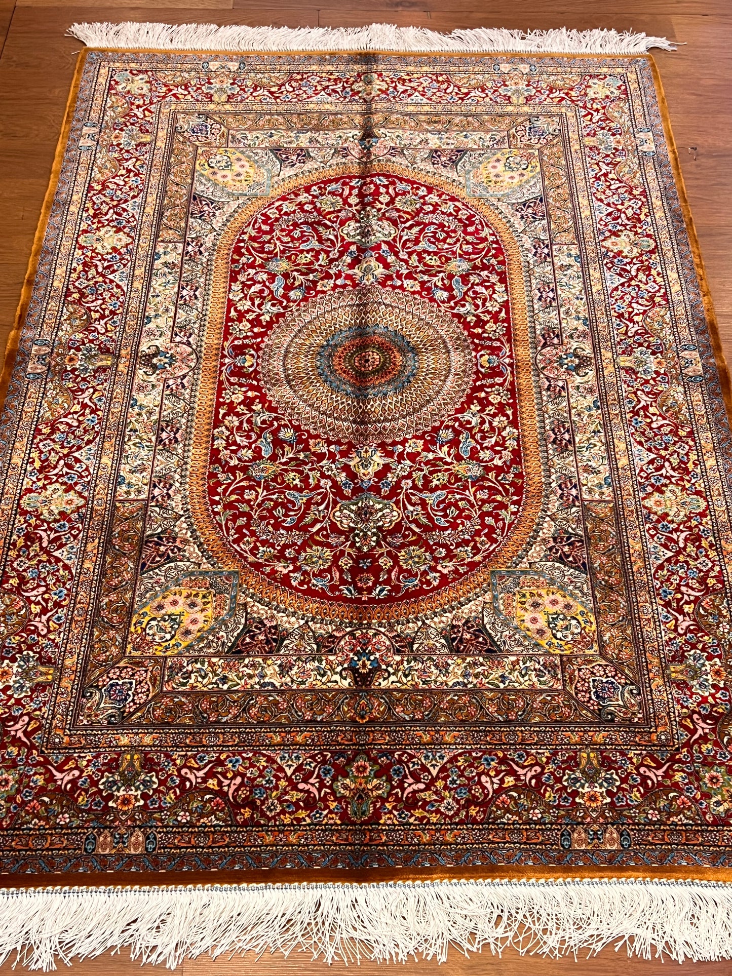 3x5 ft Red Bamboo Silk Rug – Ornate Floral Medallion Design, Luxury Silk Rug, Elegant Classic Accent Rug for Living Room & Bedroom