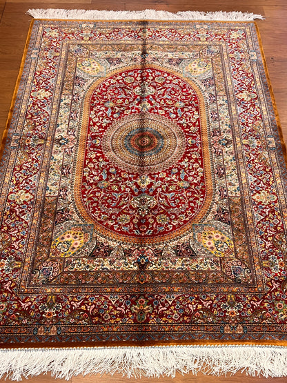 3x5 ft Red Bamboo Silk Rug – Ornate Floral Medallion Design, Luxury Silk Rug, Elegant Classic Accent Rug for Living Room & Bedroom