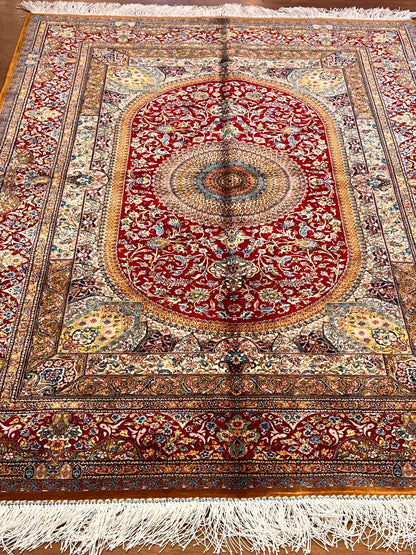 3x5 ft Red Bamboo Silk Rug – Ornate Floral Medallion Design, Luxury Silk Rug, Elegant Classic Accent Rug for Living Room & Bedroom