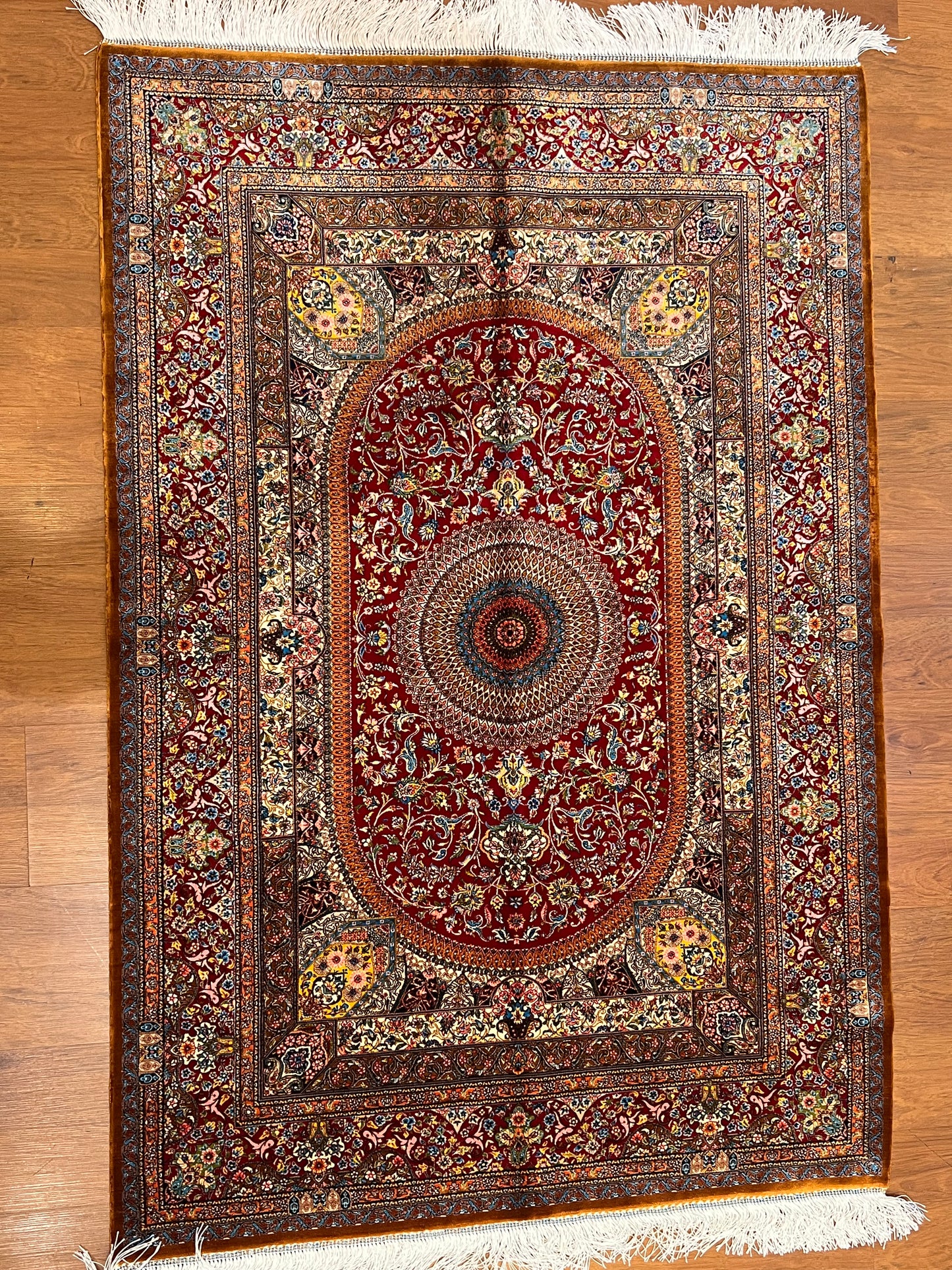 3x5 ft Red Bamboo Silk Rug – Ornate Floral Medallion Design, Luxury Silk Rug, Elegant Classic Accent Rug for Living Room & Bedroom