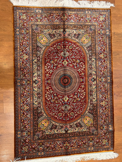 3x5 ft Red Bamboo Silk Rug – Ornate Floral Medallion Design, Luxury Silk Rug, Elegant Classic Accent Rug for Living Room & Bedroom