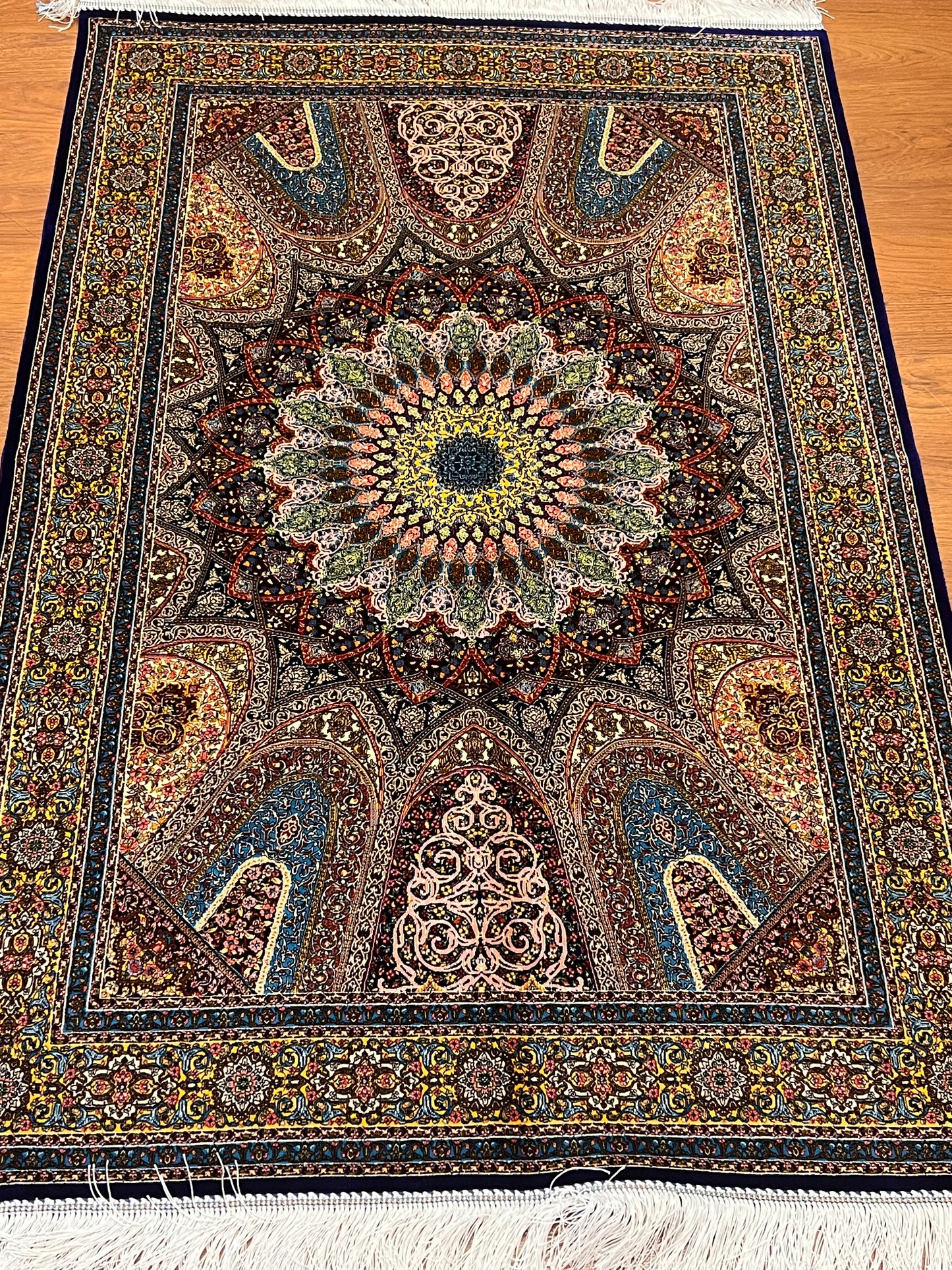 3x5 ft Silk Rug – Navy Blue & Turquoise Ornate Medallion Design, Luxury Area Rug