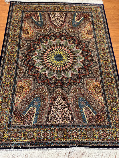 3x5 ft Silk Rug – Navy Blue & Turquoise Ornate Medallion Design, Luxury Area Rug
