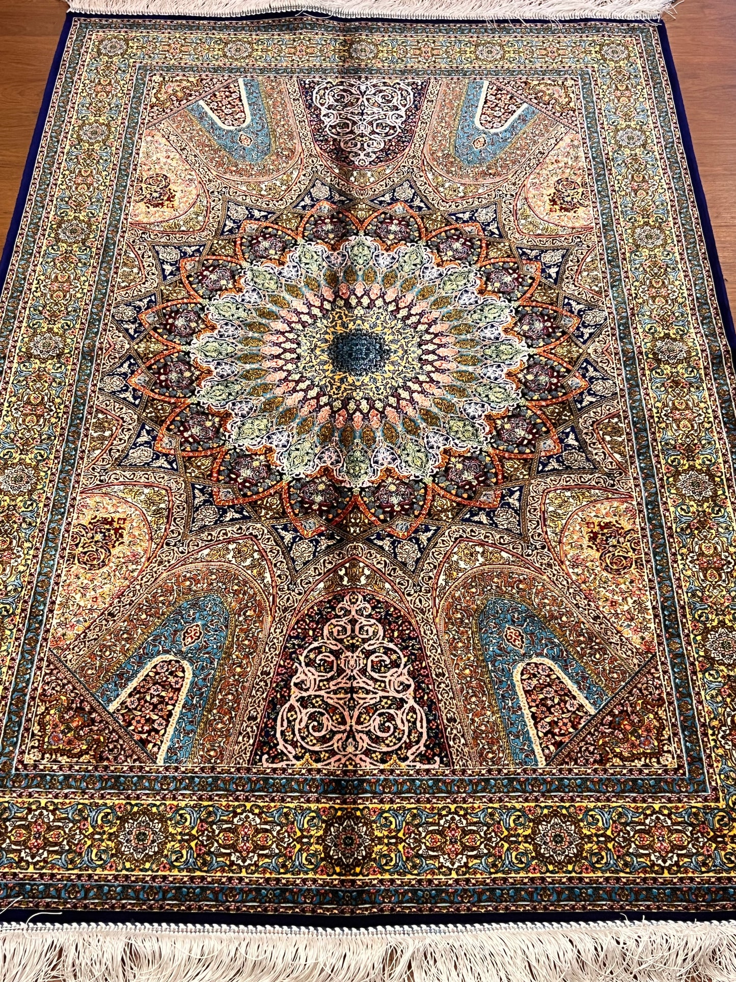3x5 ft Silk Rug – Navy Blue & Turquoise Ornate Medallion Design, Luxury Area Rug
