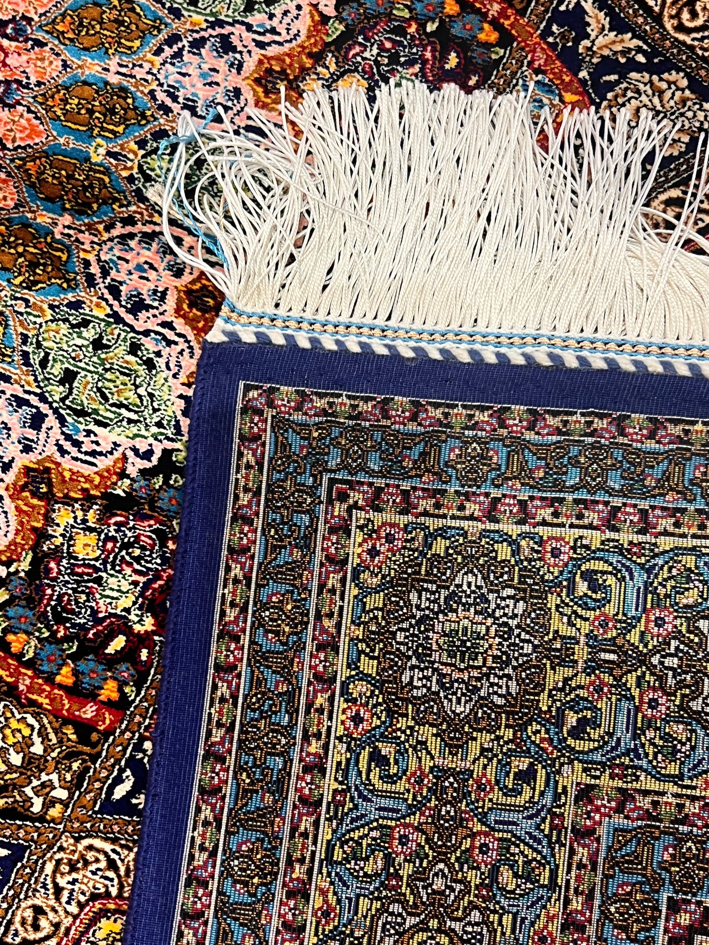 3x5 ft Silk Rug – Navy Blue & Turquoise Ornate Medallion Design, Luxury Area Rug
