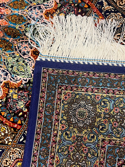 3x5 ft Silk Rug – Navy Blue & Turquoise Ornate Medallion Design, Luxury Area Rug
