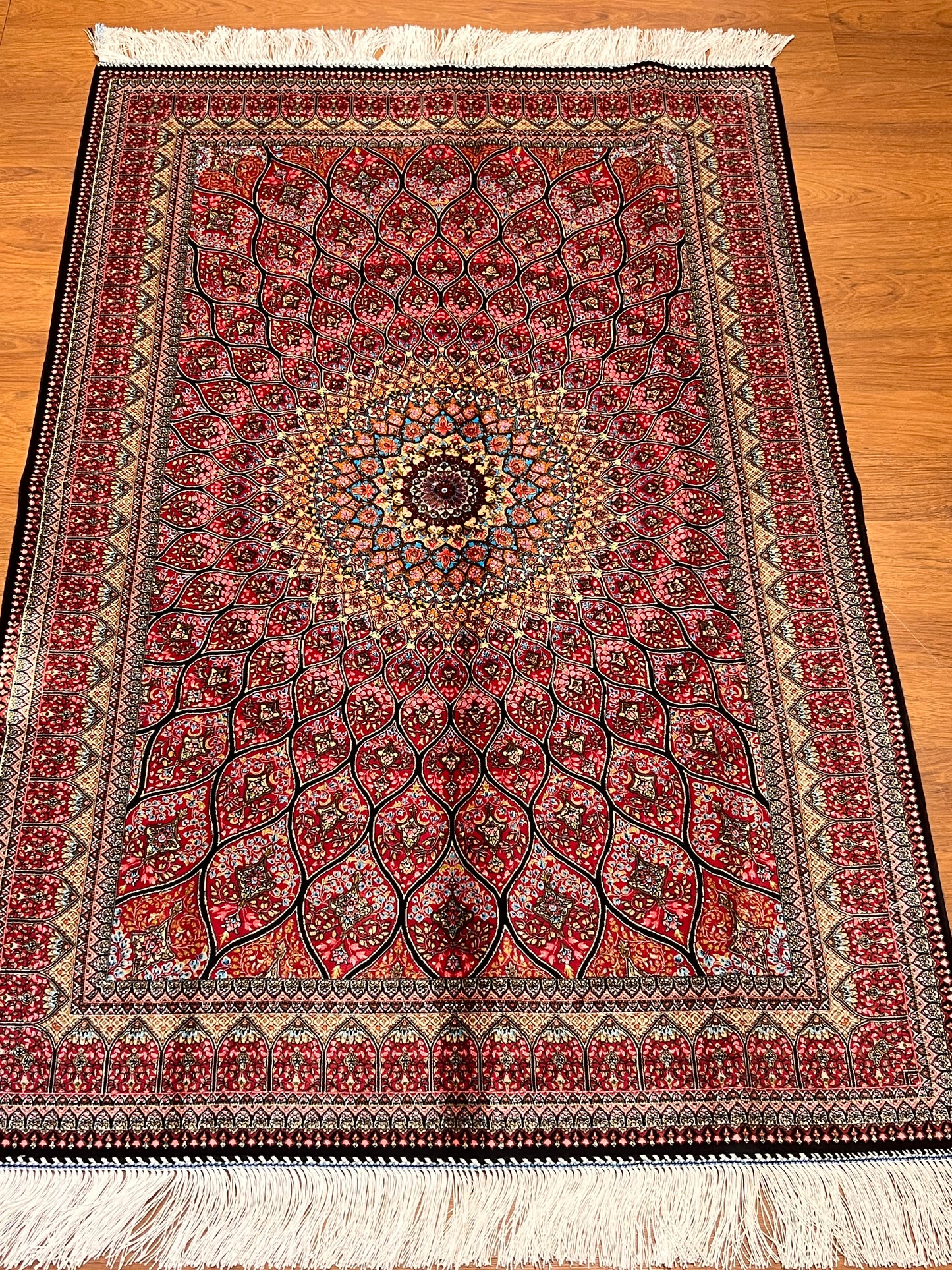 3x5 ft Silk Rug – Pink Radiating Medallion Design, Ornate Floral Luxury Area Rug