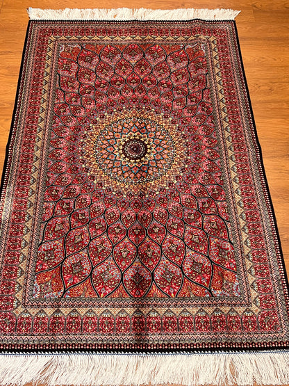 3x5 ft Silk Rug – Pink Radiating Medallion Design, Ornate Floral Luxury Area Rug
