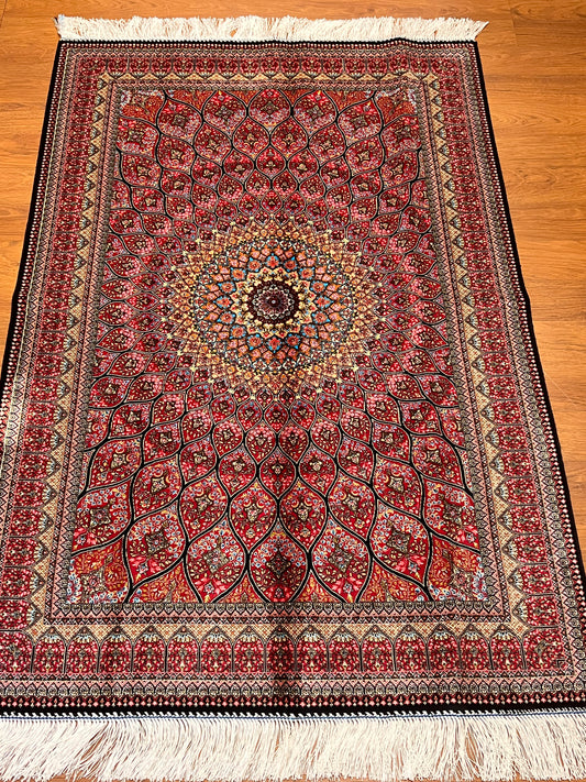 3x5 ft Silk Rug – Pink Radiating Medallion Design, Ornate Floral Luxury Area Rug