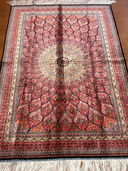 3x5 ft Silk Rug – Pink Radiating Medallion Design, Ornate Floral Luxury Area Rug