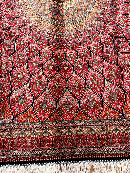 3x5 ft Silk Rug – Pink Radiating Medallion Design, Ornate Floral Luxury Area Rug