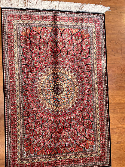 3x5 ft Silk Rug – Pink Radiating Medallion Design, Ornate Floral Luxury Area Rug