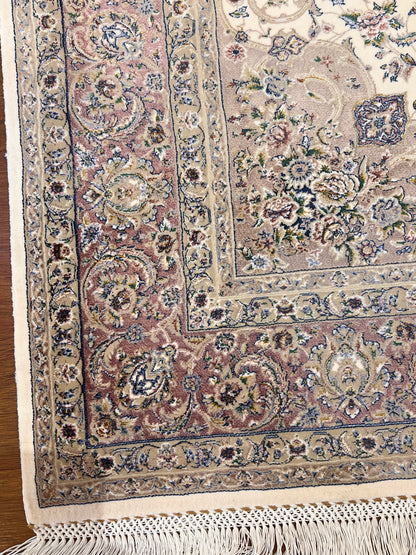 3x5 ft Silk Rug – Ivory & Soft Blush Floral Medallion Design, Elegant Luxury Area Rug