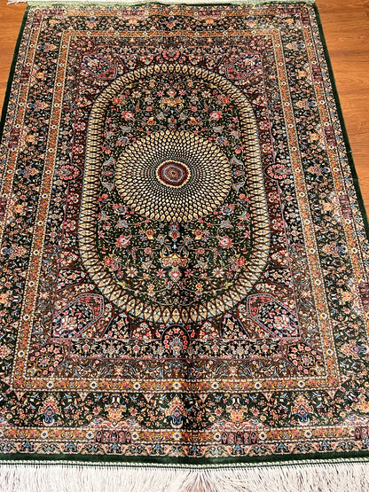 3x5 ft Silk Rug – Deep Green Floral Medallion Design, Ornate Luxury Area Rug
