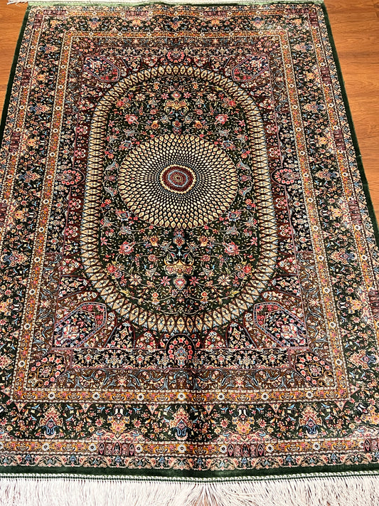3x5 ft Silk Rug – Deep Green Floral Medallion Design, Ornate Luxury Area Rug