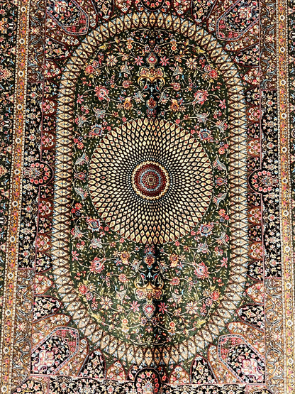 3x5 ft Silk Rug – Deep Green Floral Medallion Design, Ornate Luxury Area Rug