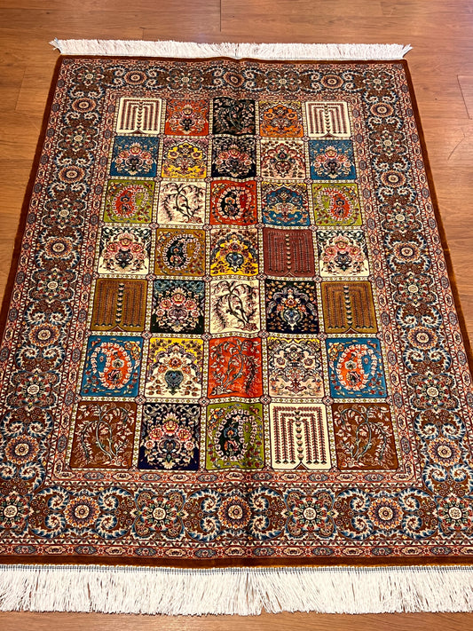3x5 ft Silk Rug – Multicolor Garden Panel Design, Floral Luxury Area Rug