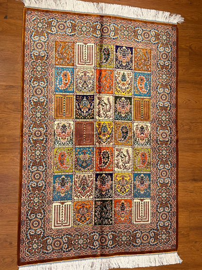 3x5 ft Silk Rug – Multicolor Garden Panel Design, Floral Luxury Area Rug