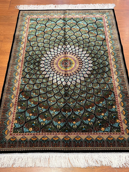 3x5 ft Silk Rug – Deep Green Geometric Medallion Design, Turquoise Luxury Area Rug