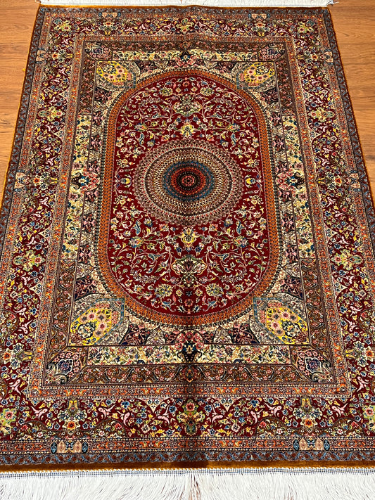 3x5 ft Silk Rug – Rich Red Oval Medallion Design, Ornate Floral Luxury Area Rug