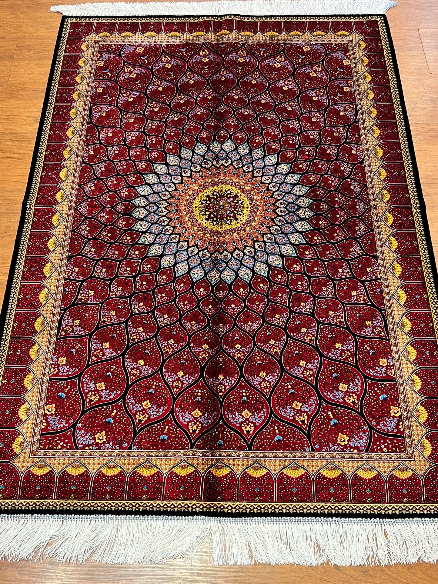 3x5 ft Silk Rug – Rich Red Geometric Medallion Design, Statement Luxury Area Rug