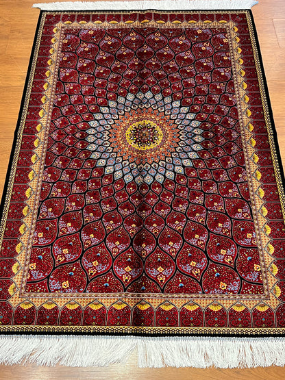 3x5 ft Silk Rug – Rich Red Geometric Medallion Design, Statement Luxury Area Rug