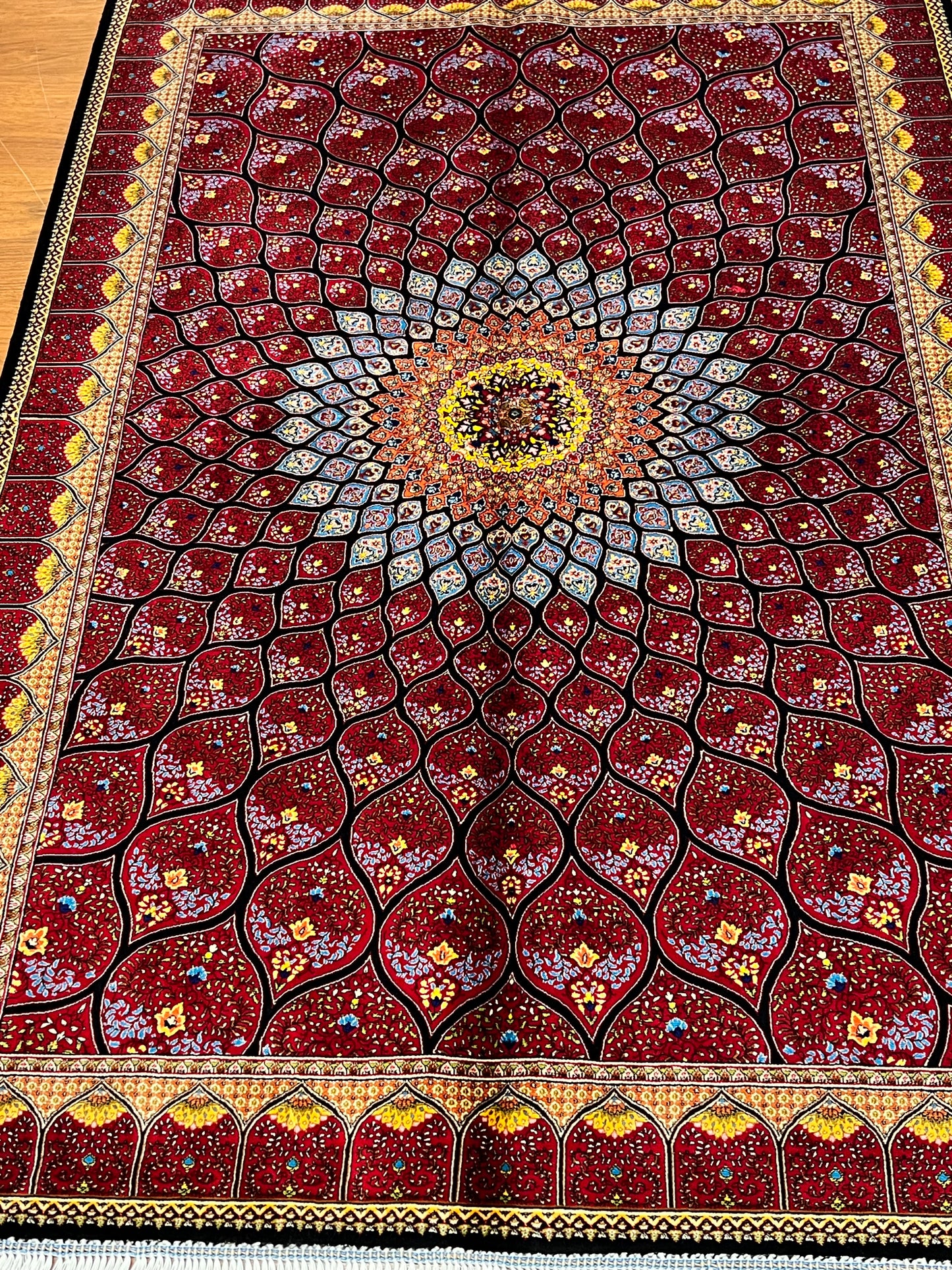 3x5 ft Silk Rug – Rich Red Geometric Medallion Design, Statement Luxury Area Rug