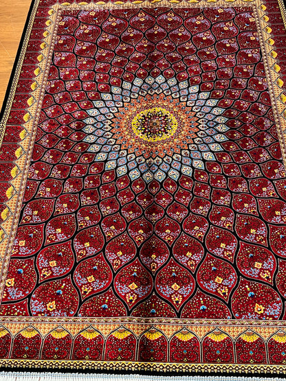 3x5 ft Silk Rug – Rich Red Geometric Medallion Design, Statement Luxury Area Rug