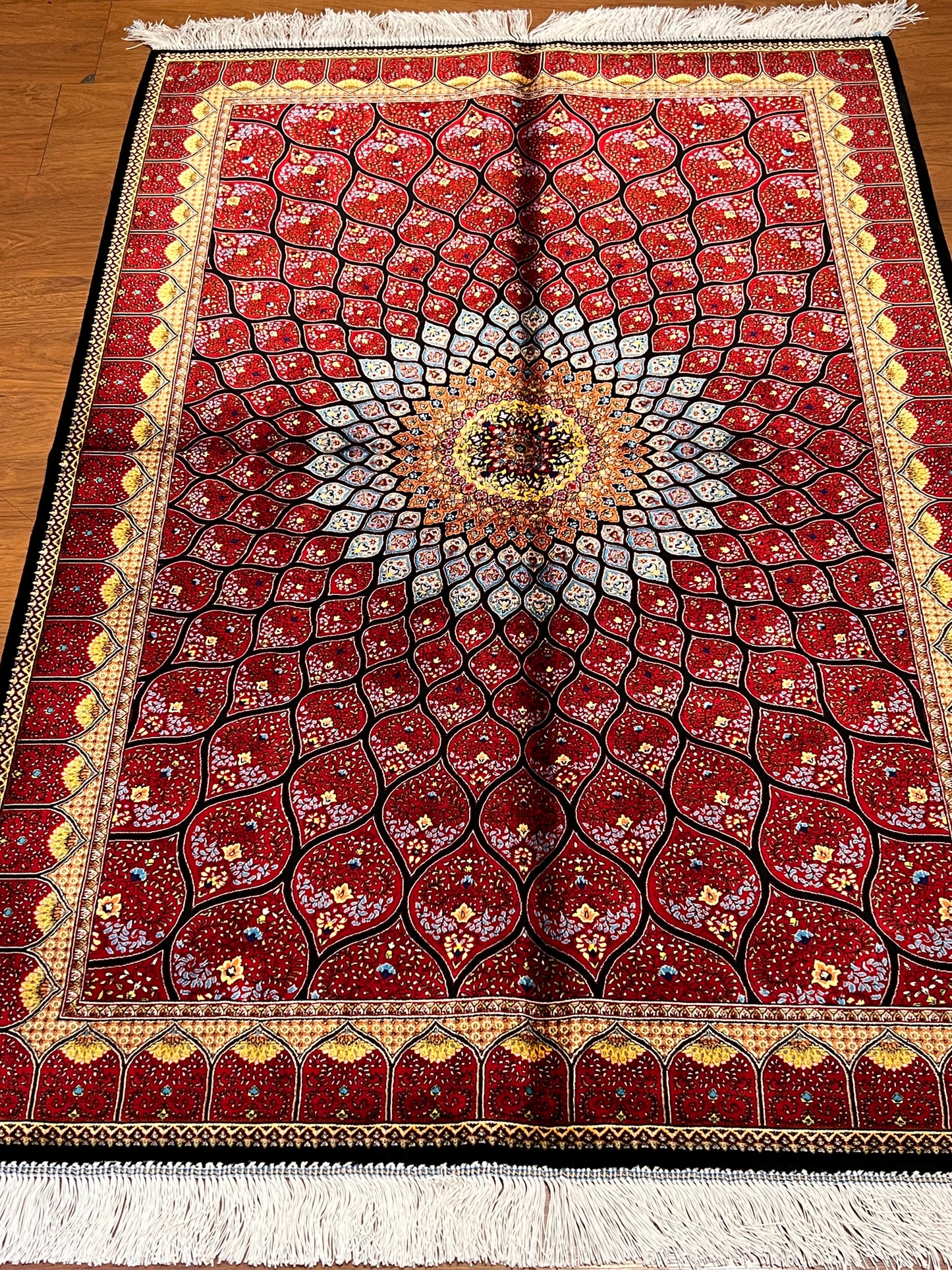 3x5 ft Silk Rug – Rich Red Geometric Medallion Design, Statement Luxury Area Rug