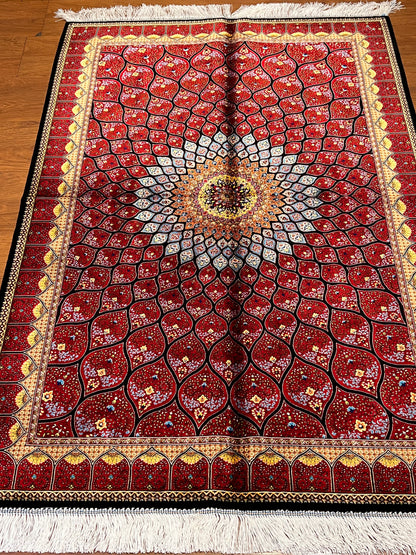 3x5 ft Silk Rug – Rich Red Geometric Medallion Design, Statement Luxury Area Rug