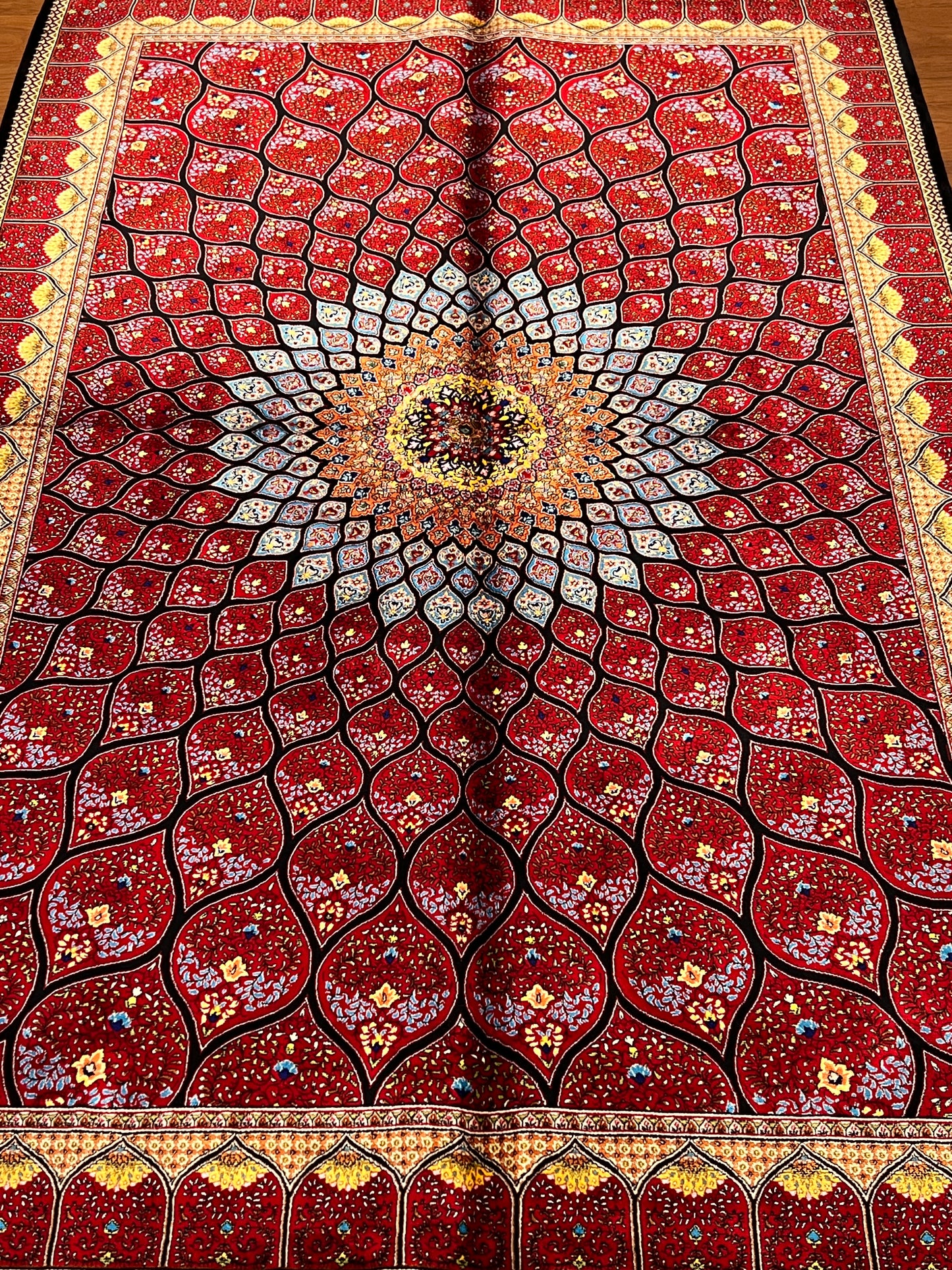 3x5 ft Silk Rug – Rich Red Geometric Medallion Design, Statement Luxury Area Rug