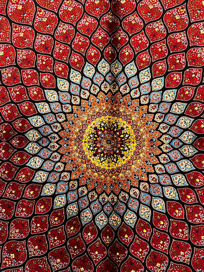 3x5 ft Silk Rug – Rich Red Geometric Medallion Design, Statement Luxury Area Rug