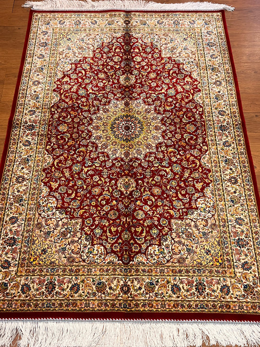 3x5 ft Silk Rug – Rich Red Medallion Design, Ivory Floral Border, Classic Luxury Area Rug