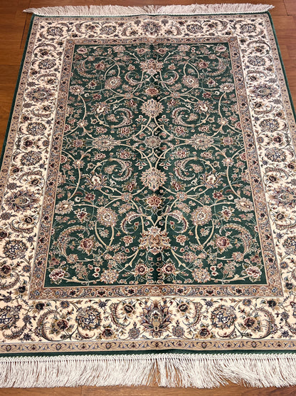 3x5 ft Green Bamboo Silk Rug – Elegant Floral Vine Design, Ivory Border, Classic Luxury Silk Area Rug