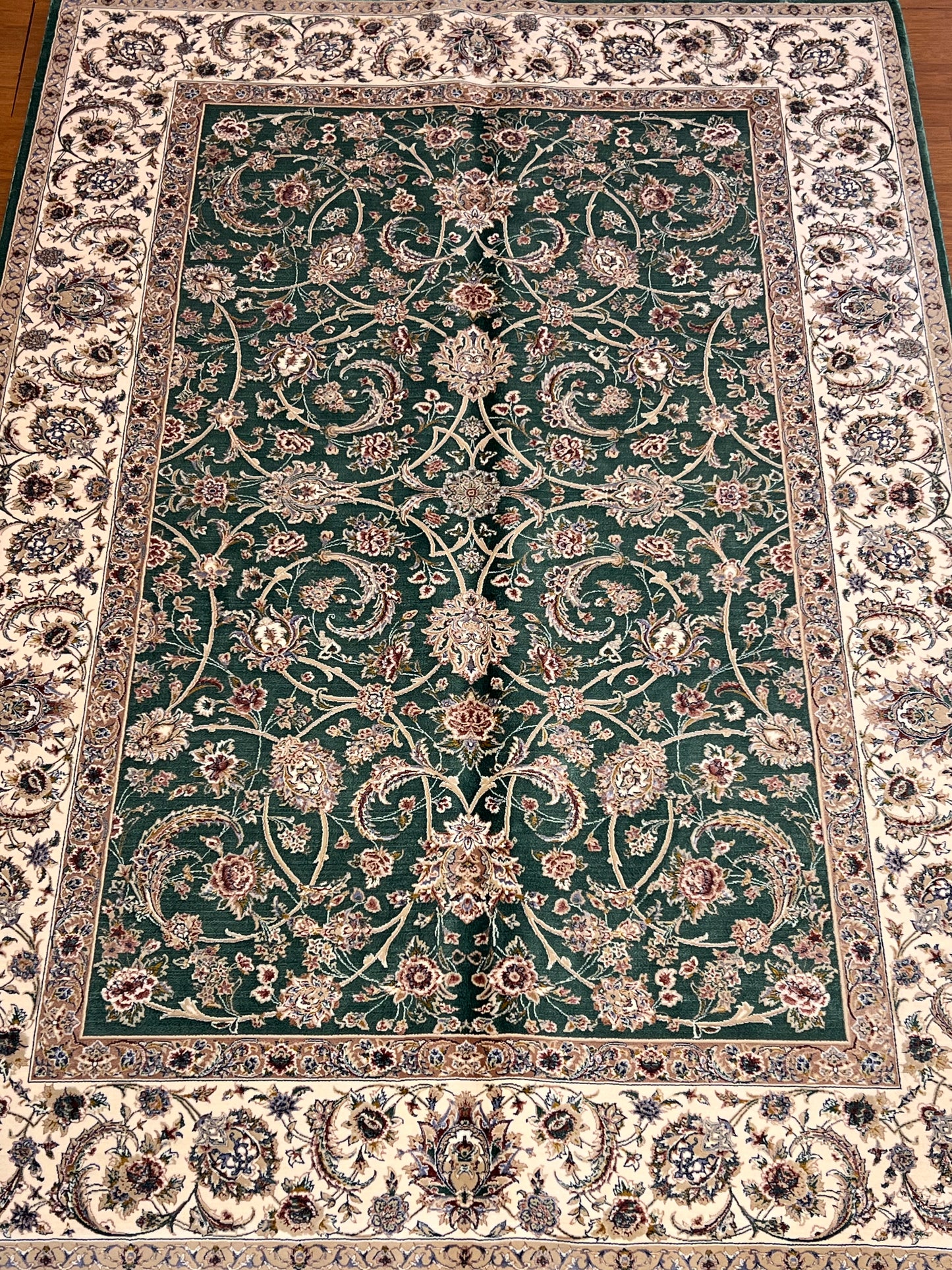 3x5 ft Green Bamboo Silk Rug – Elegant Floral Vine Design, Ivory Border, Classic Luxury Silk Area Rug