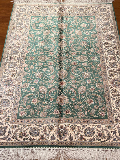 3x5 ft Green Bamboo Silk Rug – Elegant Floral Vine Design, Ivory Border, Classic Luxury Silk Area Rug