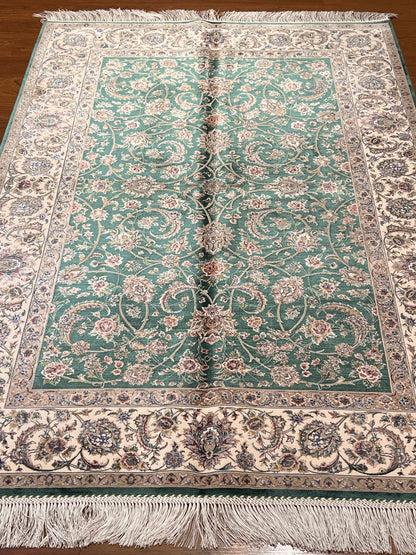 3x5 ft Green Bamboo Silk Rug – Elegant Floral Vine Design, Ivory Border, Classic Luxury Silk Area Rug
