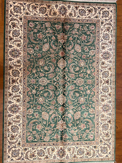 3x5 ft Green Bamboo Silk Rug – Elegant Floral Vine Design, Ivory Border, Classic Luxury Silk Area Rug