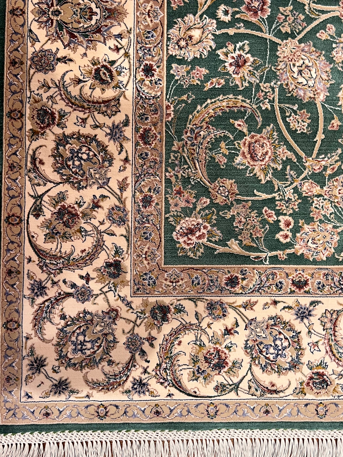 3x5 ft Green Bamboo Silk Rug – Elegant Floral Vine Design, Ivory Border, Classic Luxury Silk Area Rug