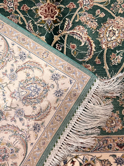 3x5 ft Green Bamboo Silk Rug – Elegant Floral Vine Design, Ivory Border, Classic Luxury Silk Area Rug