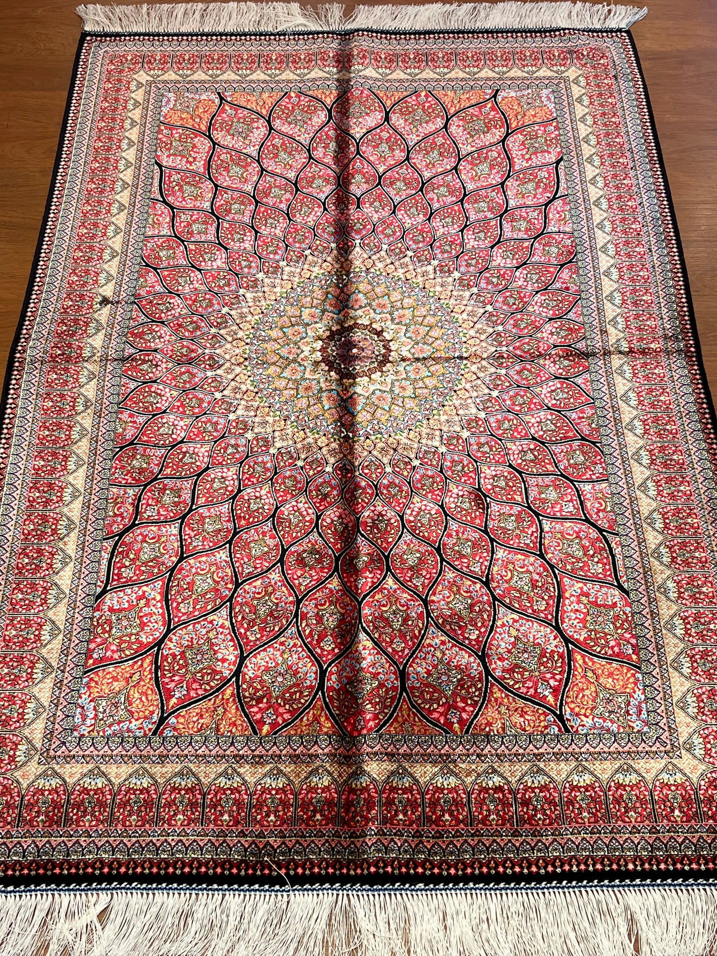 3x5 ft Pink Bamboo Silk Rug – Intricate Floral Medallion Design, Ivory & Black Accents, Elegant Silk Area Rug