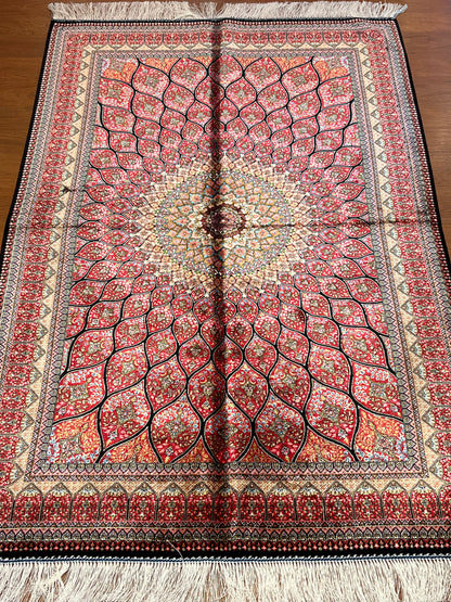 3x5 ft Pink Bamboo Silk Rug – Intricate Floral Medallion Design, Ivory & Black Accents, Elegant Silk Area Rug