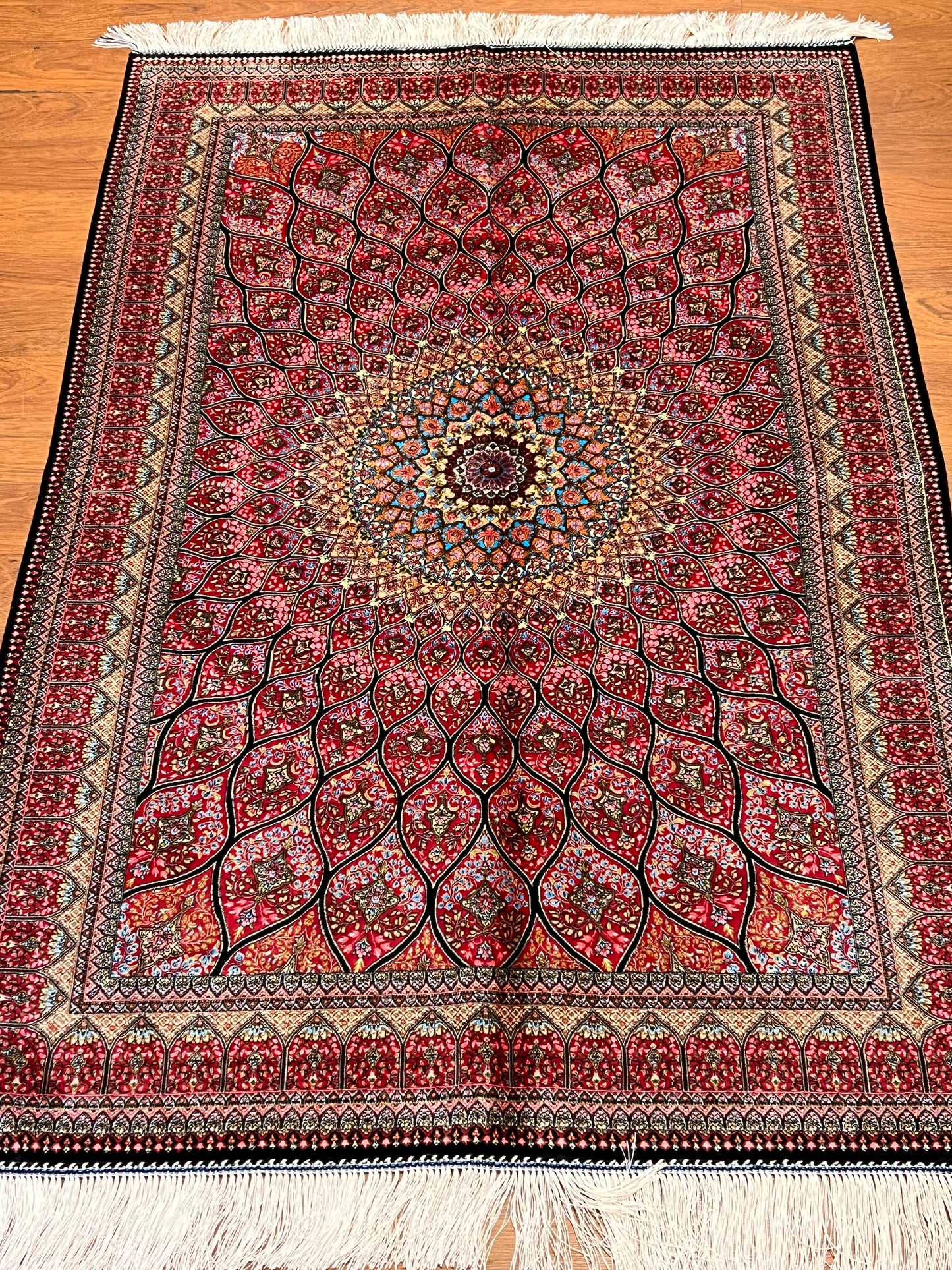 3x5 ft Pink Bamboo Silk Rug – Intricate Floral Medallion Design, Ivory & Black Accents, Elegant Silk Area Rug