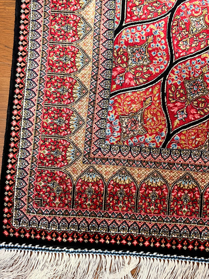 3x5 ft Pink Bamboo Silk Rug – Intricate Floral Medallion Design, Ivory & Black Accents, Elegant Silk Area Rug