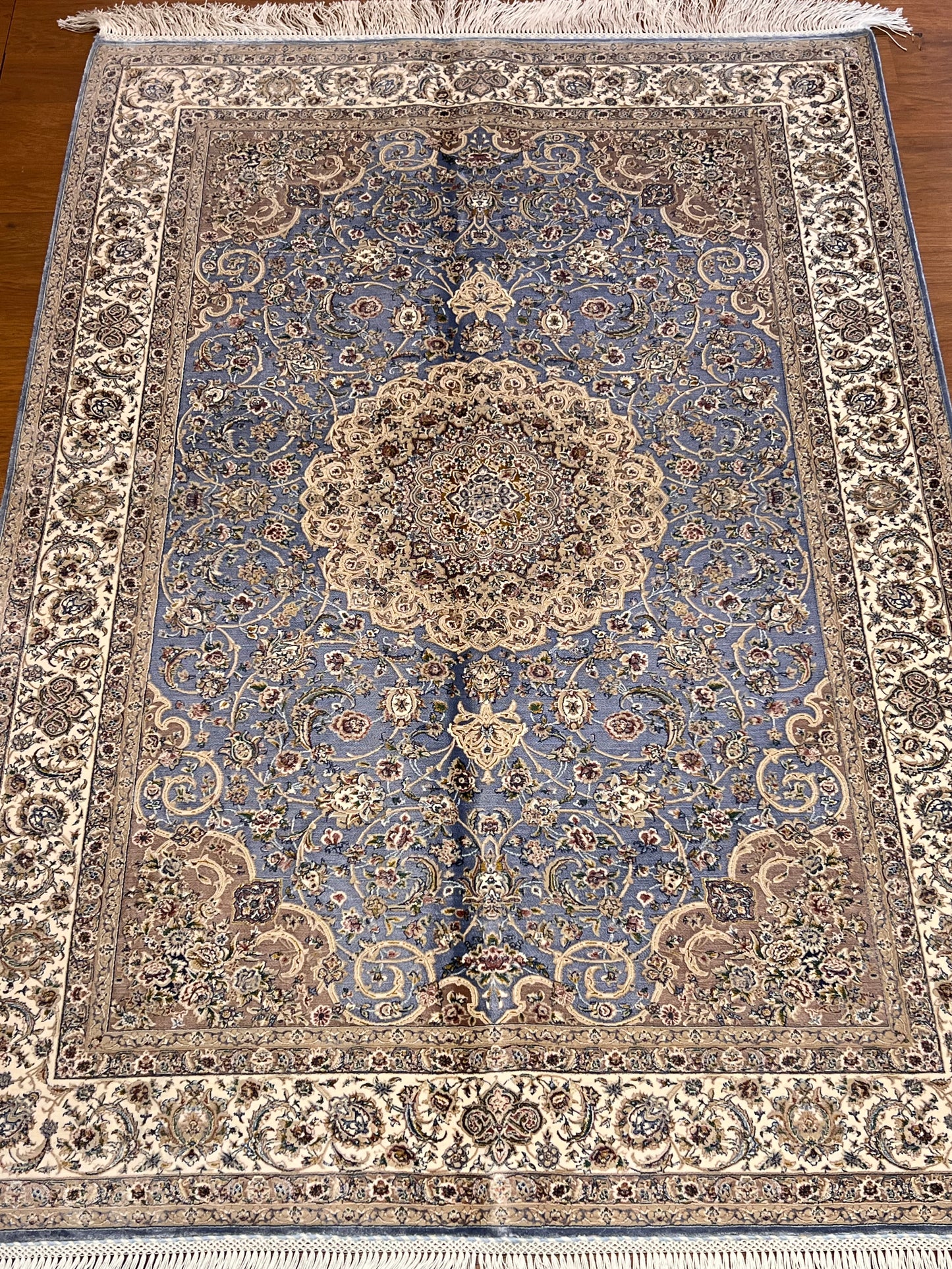 3x5 ft Light Blue & Beige Bamboo Silk Rug – Ornate Floral Medallion Design, Elegant Classic Silk Area Rug