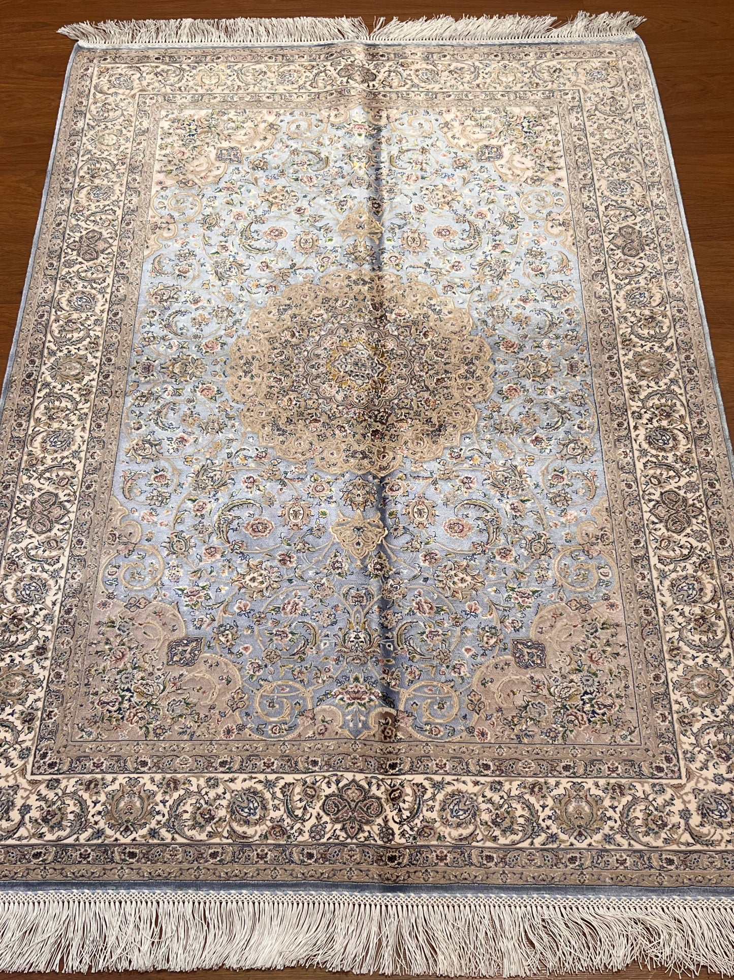 3x5 ft Light Blue & Beige Bamboo Silk Rug – Ornate Floral Medallion Design, Elegant Classic Silk Area Rug