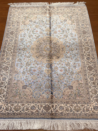 3x5 ft Light Blue & Beige Bamboo Silk Rug – Ornate Floral Medallion Design, Elegant Classic Silk Area Rug