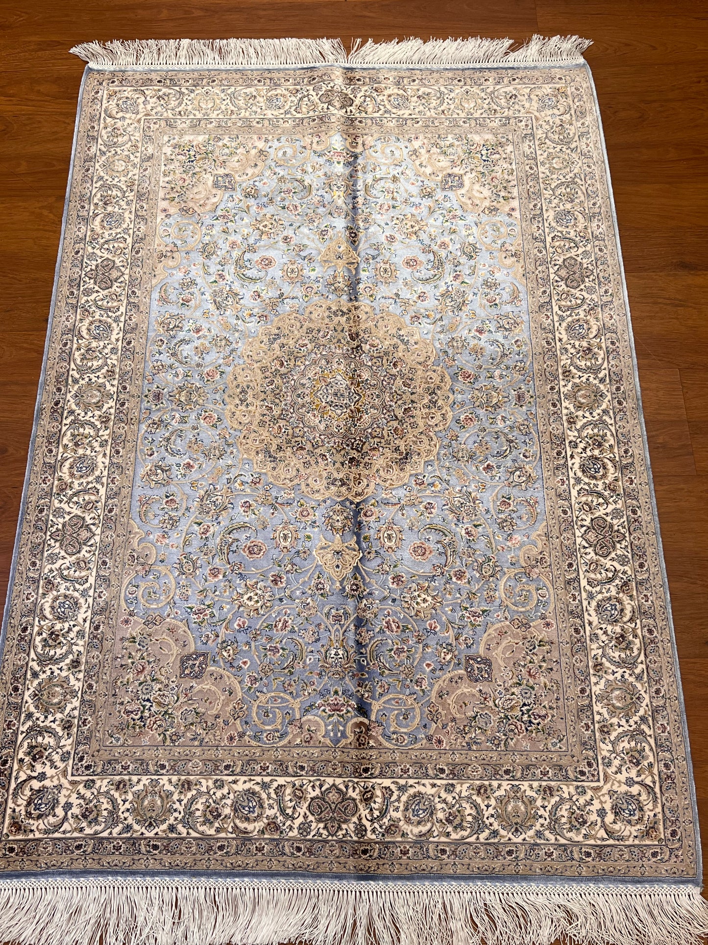 3x5 ft Light Blue & Beige Bamboo Silk Rug – Ornate Floral Medallion Design, Elegant Classic Silk Area Rug